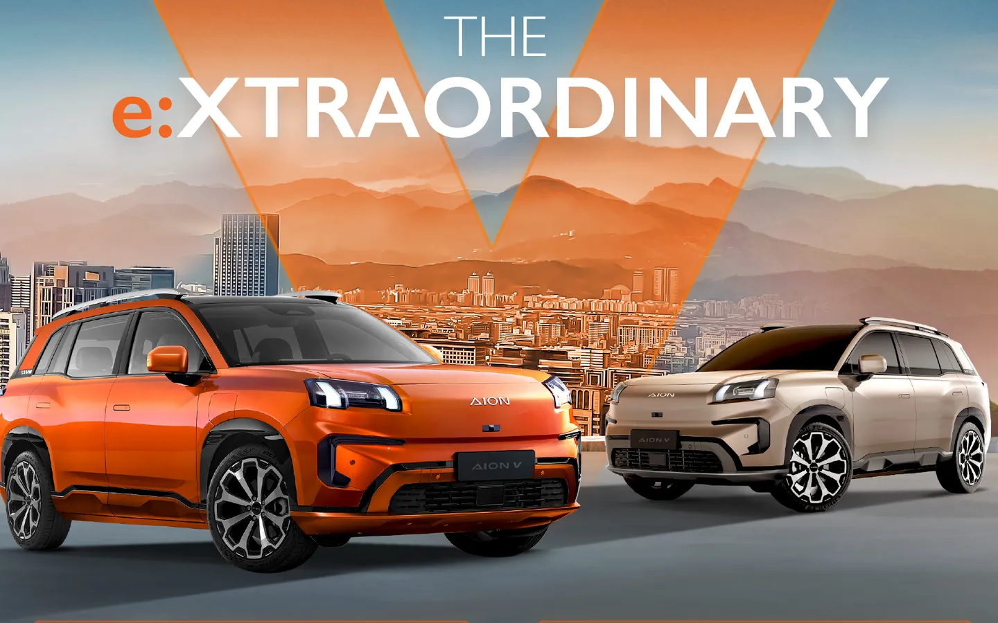 AION V warna Sunset Orange dan Wilderness Sand, SUV listrik